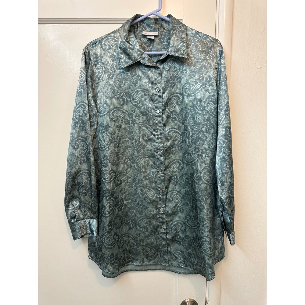 Soft Surroundings Sage Green Paisley Lace Print Satin Button Down Blouse M